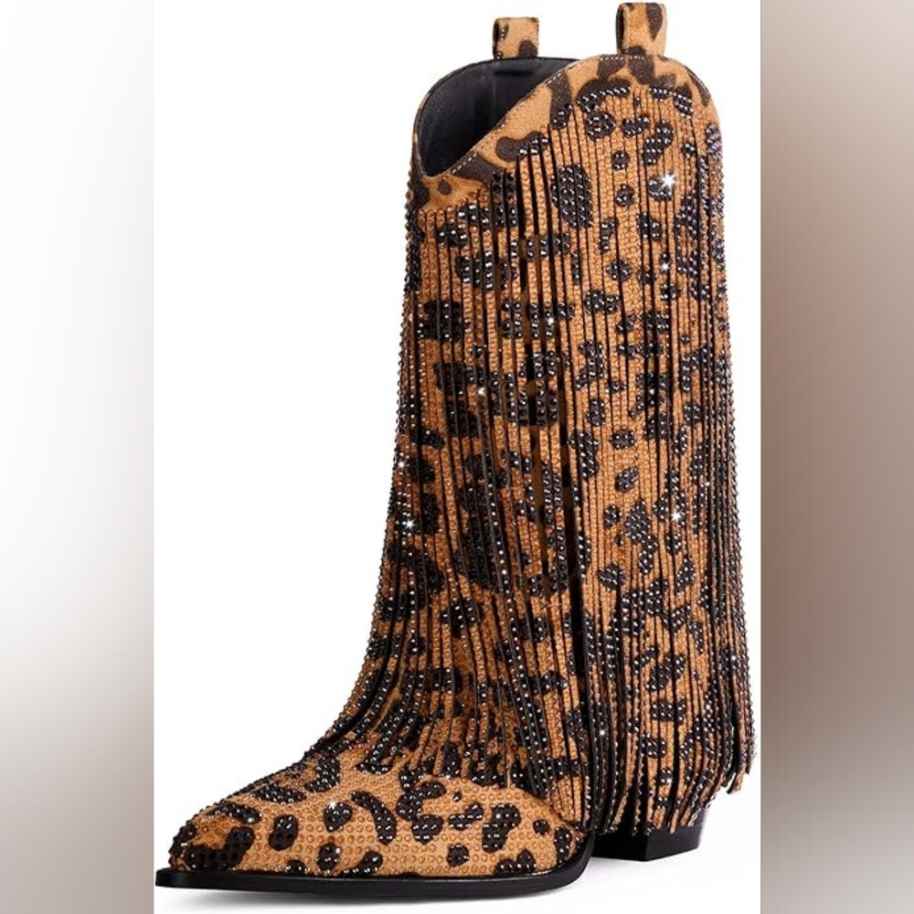 Leopard Print Rhinestone Fringe Boho Western Boots